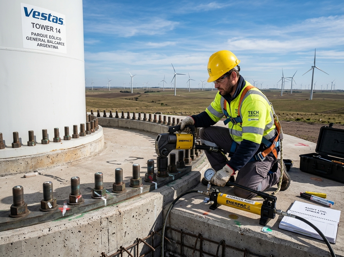 Auditoría de torque hidráulico en fundación de torre eólica