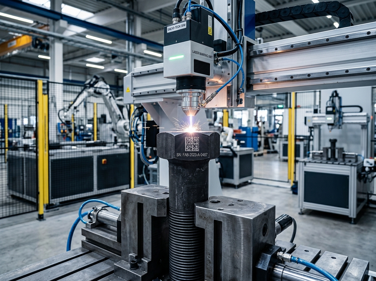 Marcado láser de código Datamatrix QR en cabeza de perno industrial